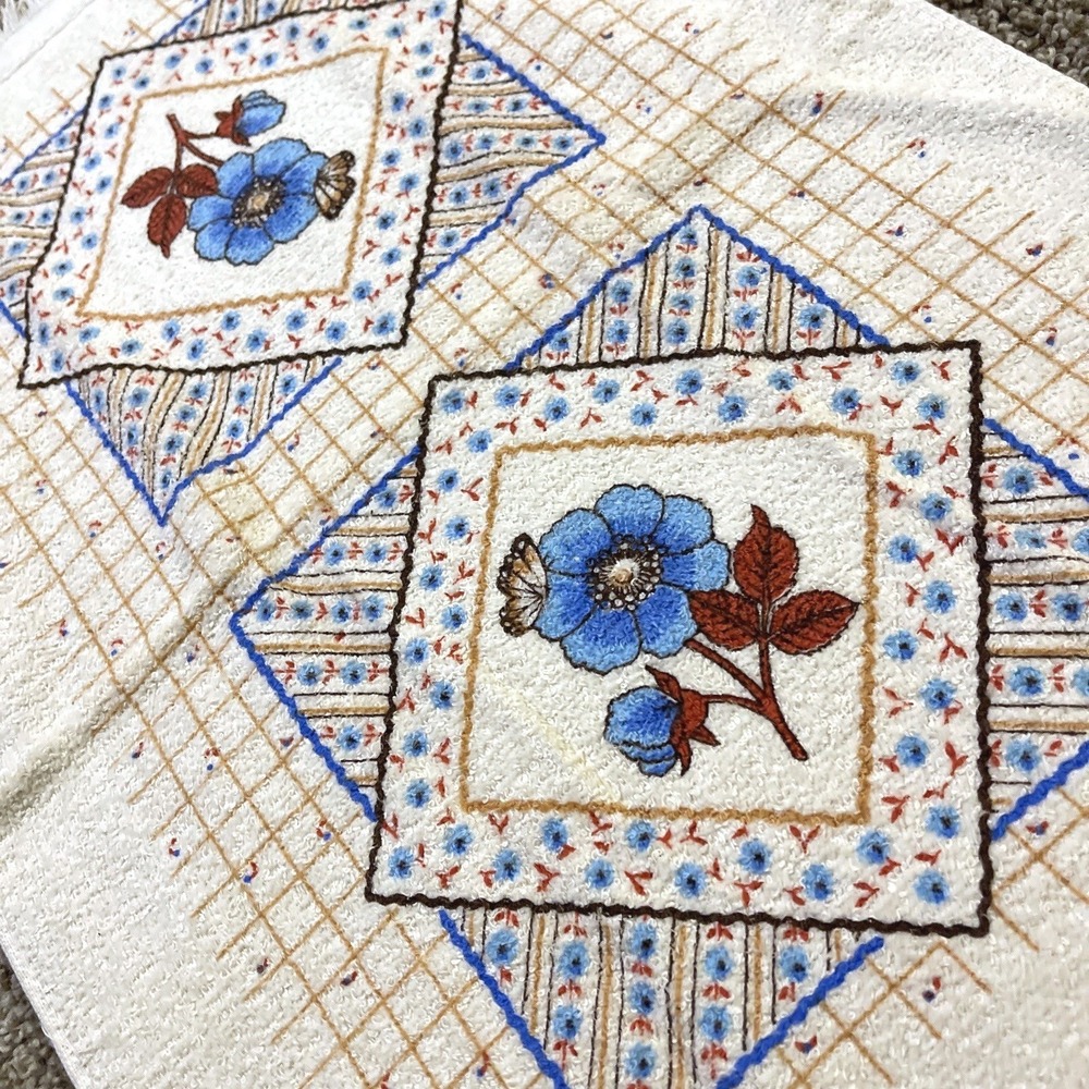 VTG CANNON Hand Kitchen Towel Fringe 70s NOS Blue Rose Butterfly Flower